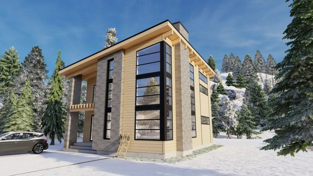 Modern house with CanExcel siding located in a winter spruce forest.